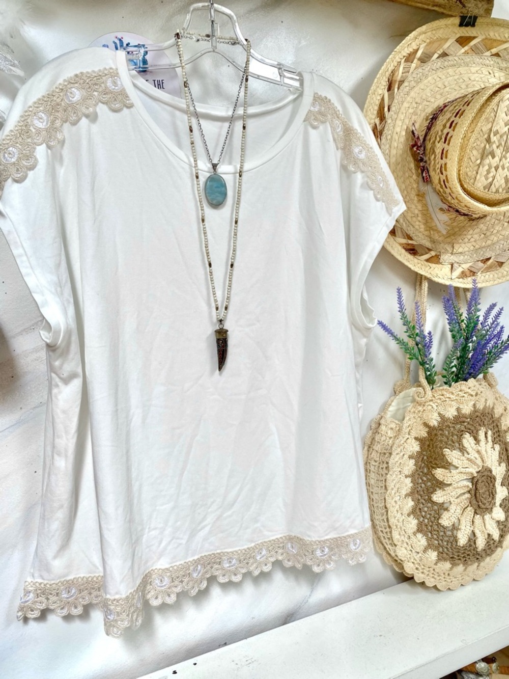 Crochet accents boho blouse w shabby chic prairie farmhouse vibe - Picture 6 of 8